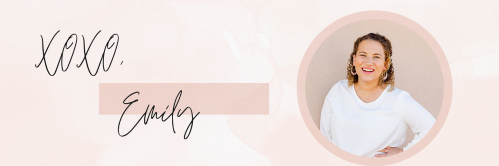 text reads: XOXO Emily and a photo of Emily Ann Bonner in-home newborn photographer