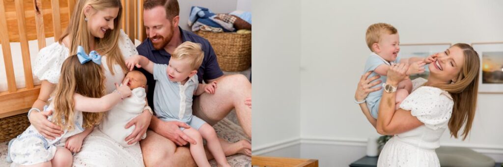 collage of family looking at baby and mom holding big brother during columbia, SC newborn photo session
