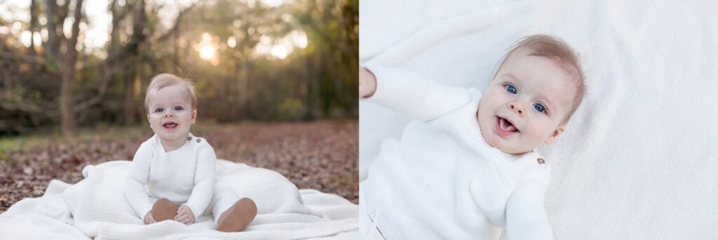 Baby sitting on a white blanket in soft golden light outdoors, smiling during a fall photo session in Columbia, SC.
