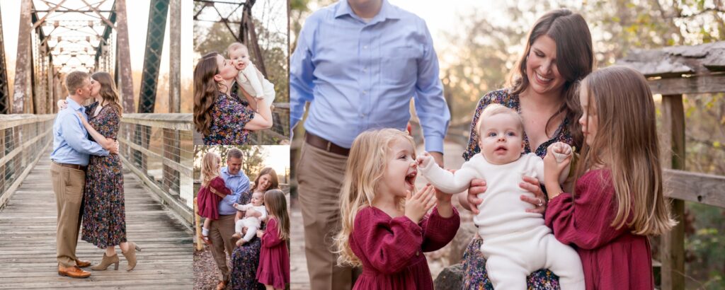 Two young sisters in matching maroon dresses running, twirling, and laughing on a wooded trail at sunset during a family session in Columbia, SC.