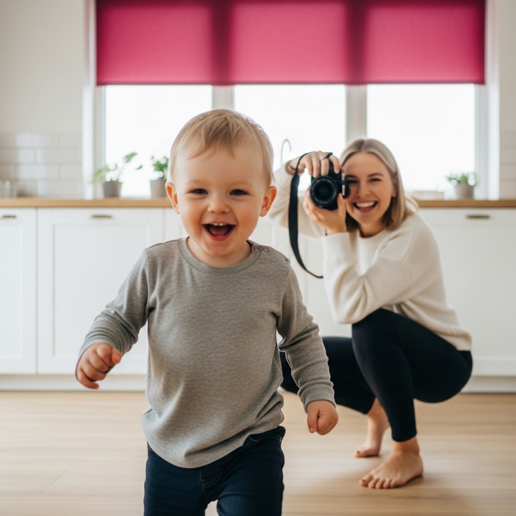 mother taking a photo of her son with her camera, for photography lesson