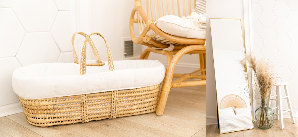 collage of Moses basket and mirror in photo studio