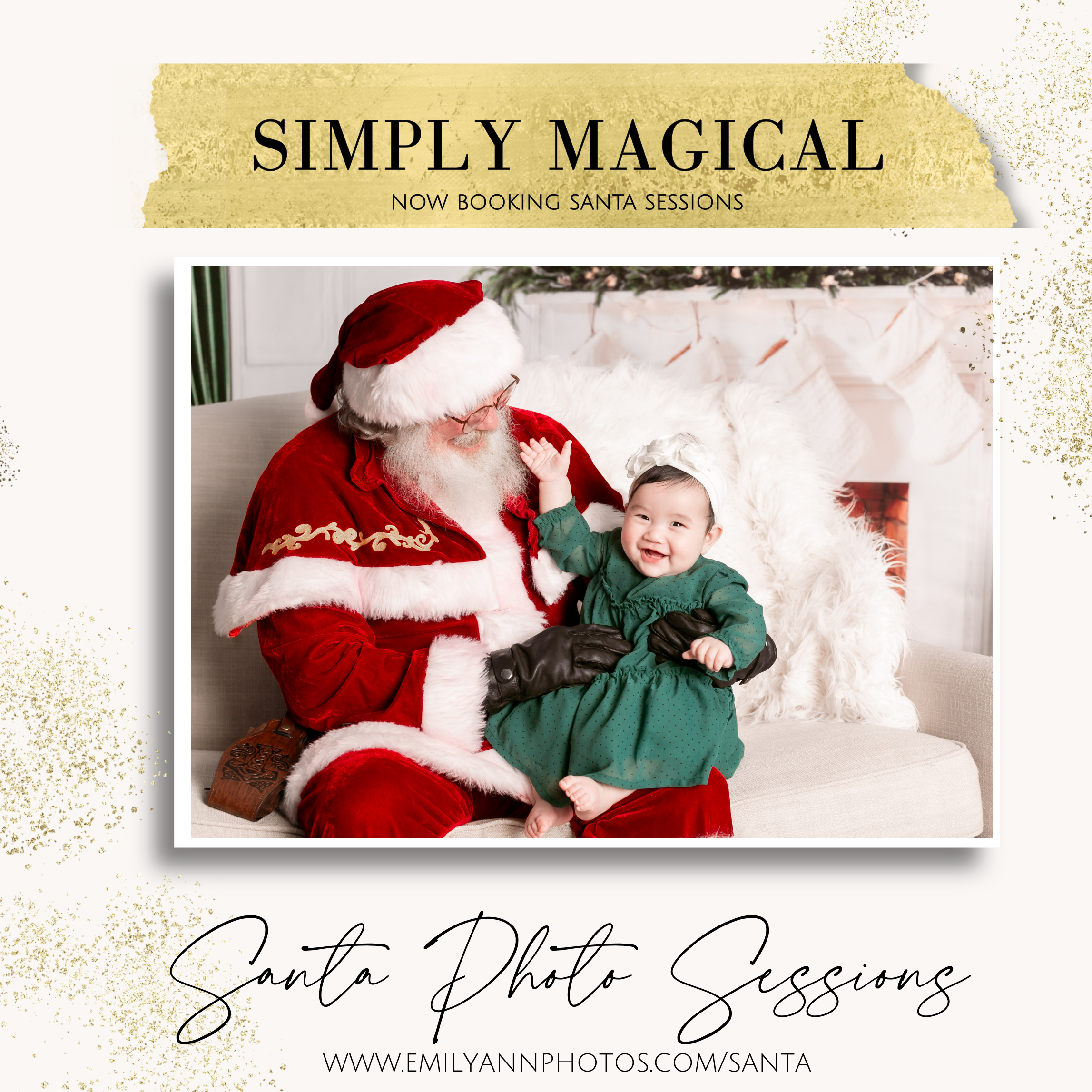 Santa photo sessions in Columbia SC – baby in green dress smiling with Santa Claus on a cozy holiday set. Simply Magical Santa portraits by Emily Ann Photography.