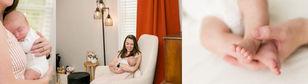 Soft, natural photos of a mom holding her newborn, a cozy nursery, and tiny baby feet—perfect inspiration to prepare for your newborn