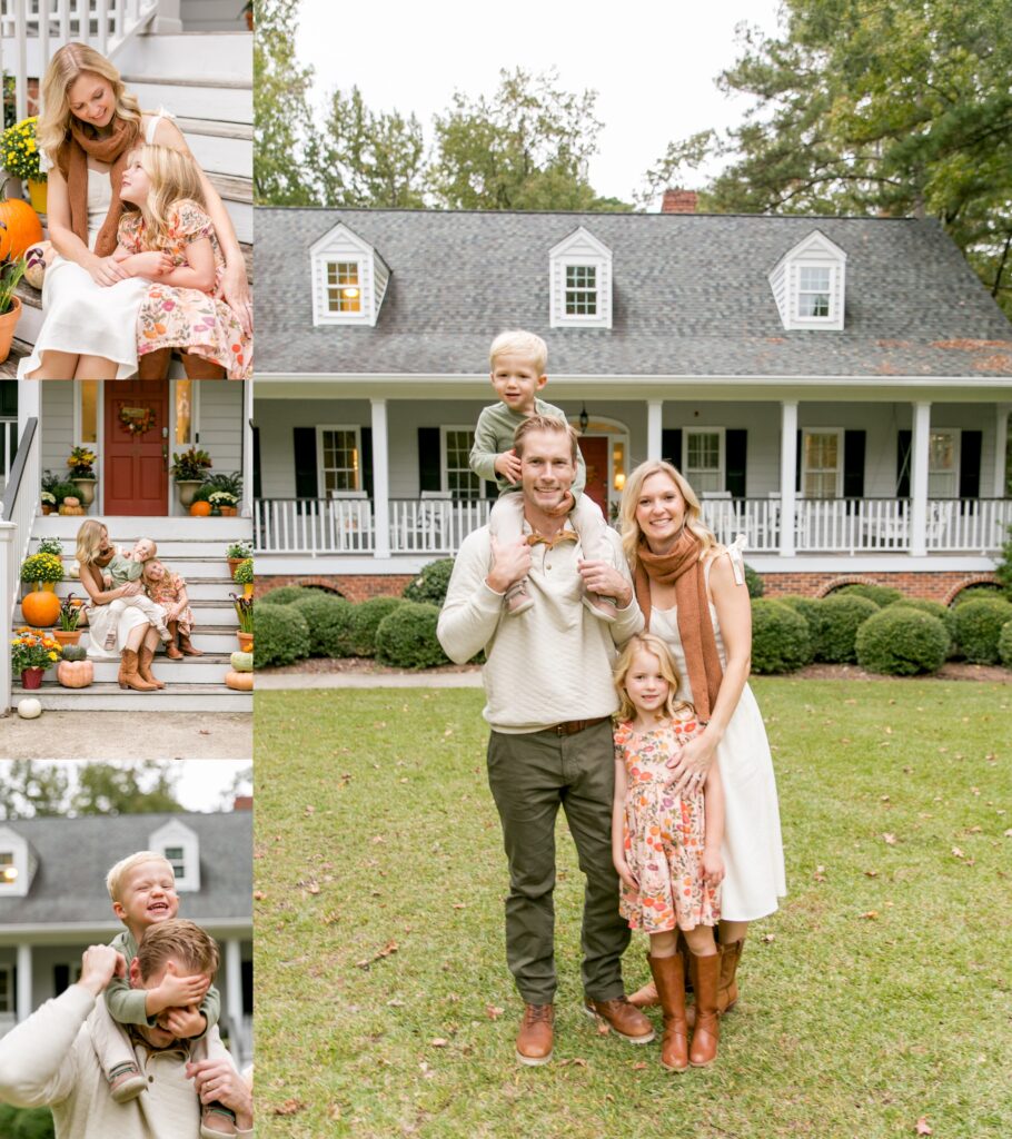 Family photo session in Columbia SC with parents and young children on front porch decorated for fall and in front of white southern home.