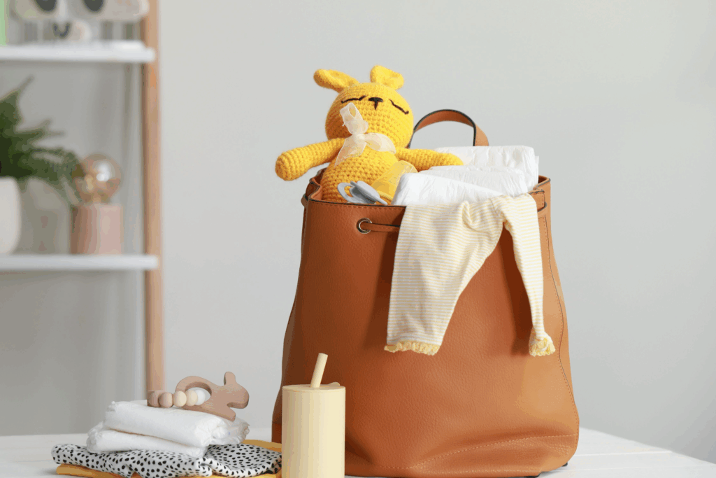 bag packed with family photo session necessities like snacks, cooling towel, and clean clothes