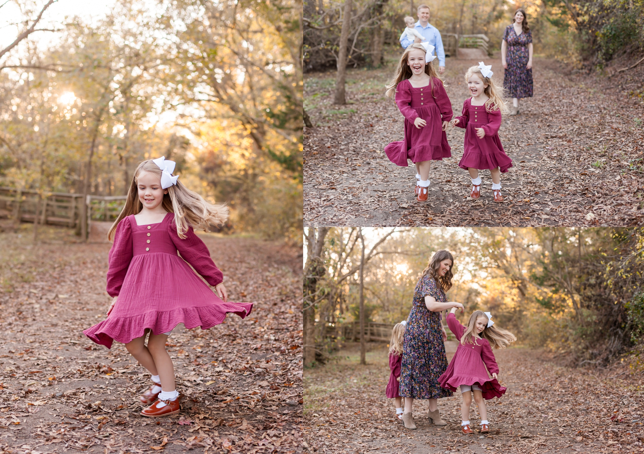 Family of five at the Riverwalk bridge in Columbia, SC during a golden hour photo session — parents kissing, mom holding the baby, and sisters laughing together.