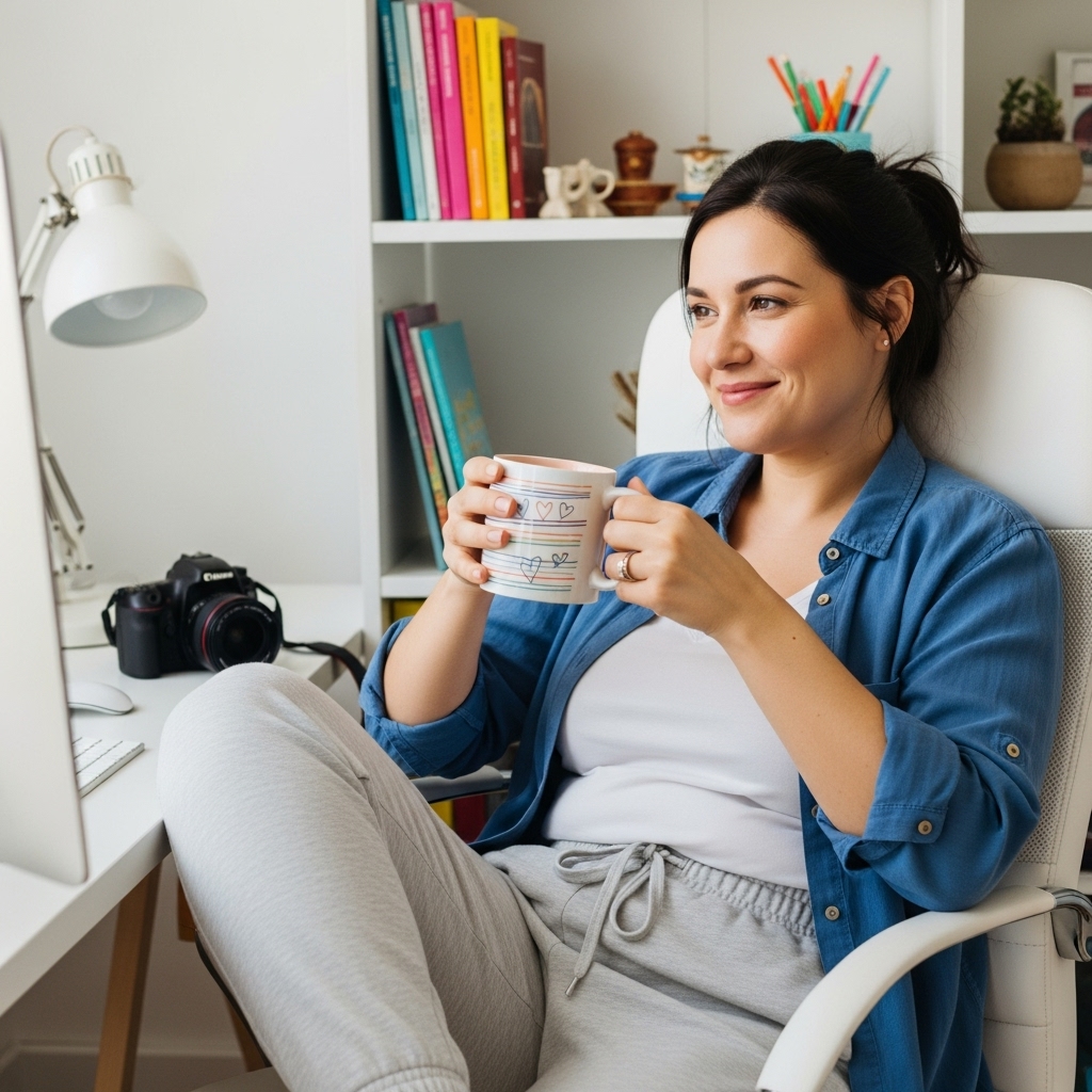 Mom holding cup of coffee watching photography lesson on her computer, camera sits on desk