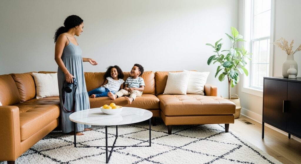 boy and girl sitting and laughing on the sofa. mom is standing nearby holding a camera ready for photography