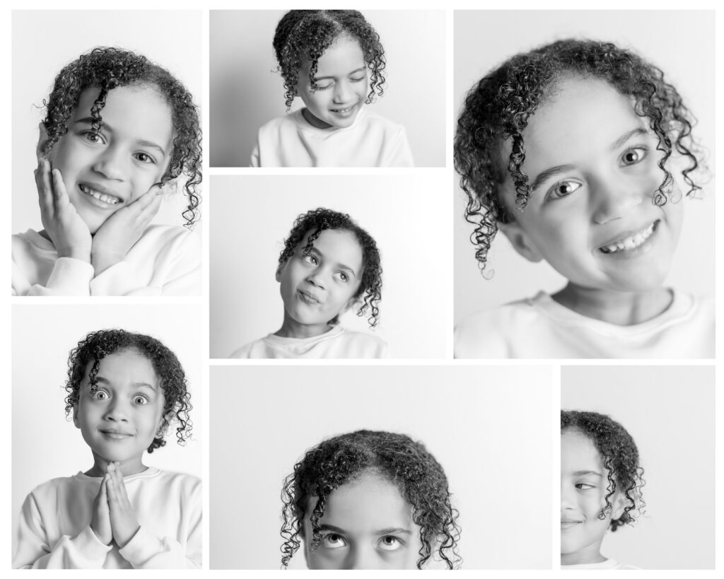Studio personality portraits of a young girl in black and white, capturing natural expressions and personality in Columbia South Carolina